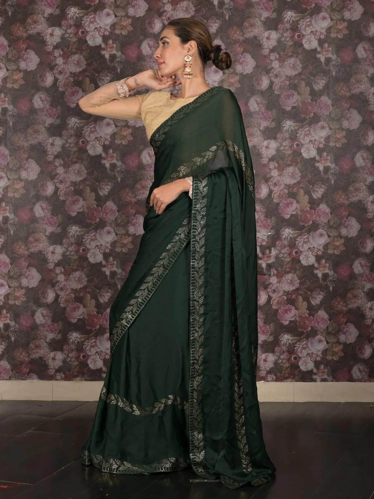 Odette Dark Green Satin Embellished Saree Without Blouse For Women - Image 3