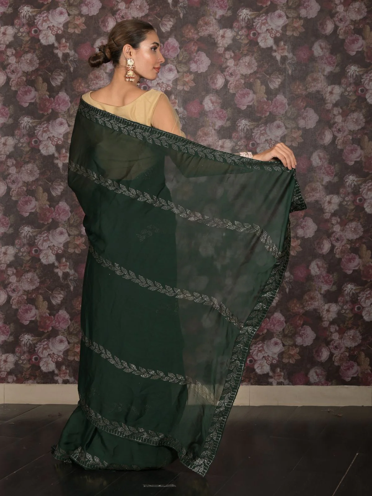 Odette Dark Green Satin Embellished Saree Without Blouse For Women - Image 4