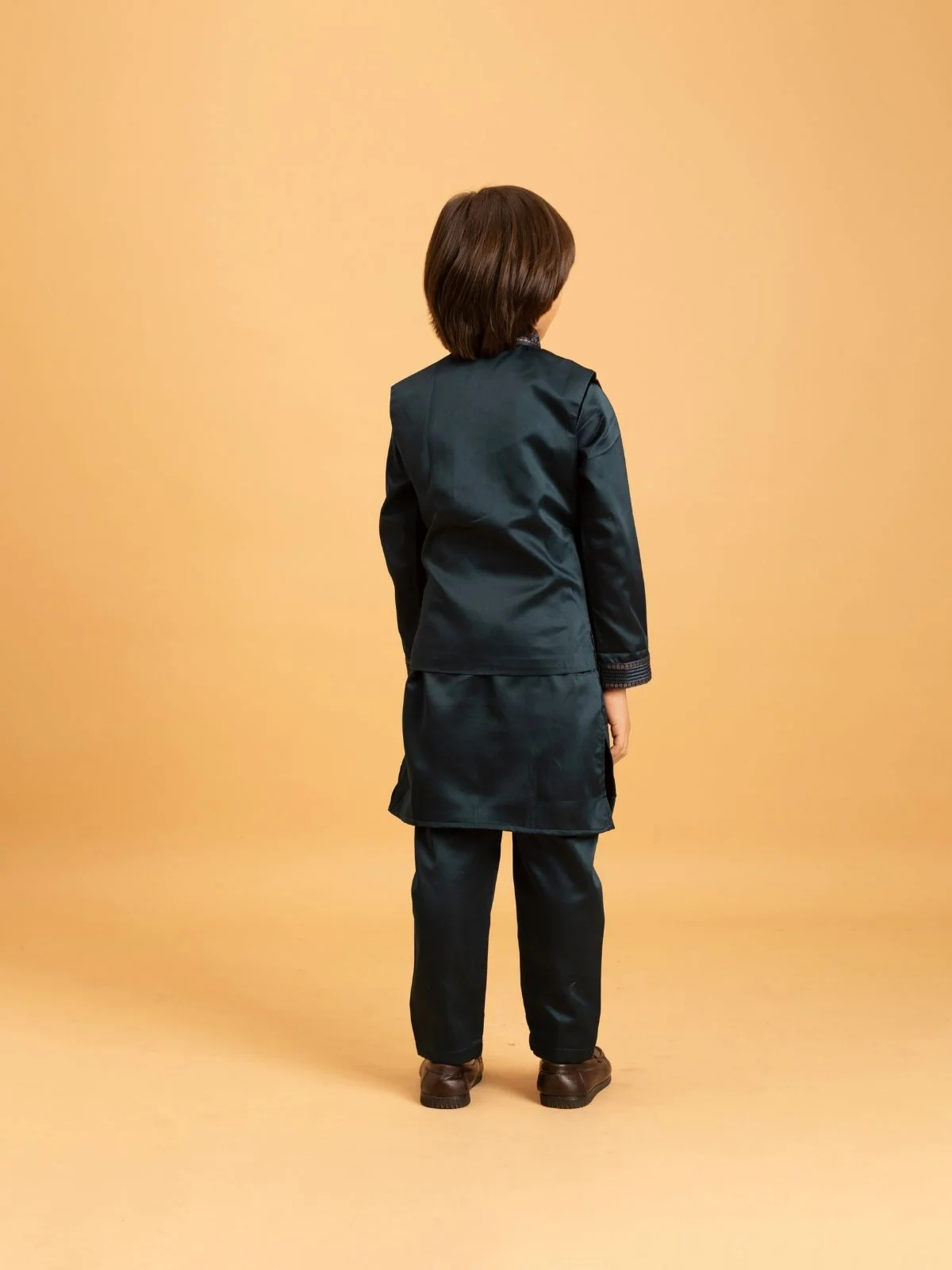 Odette Dark green Satin Embellished Stitched Kurta Set For Kids - Image 3