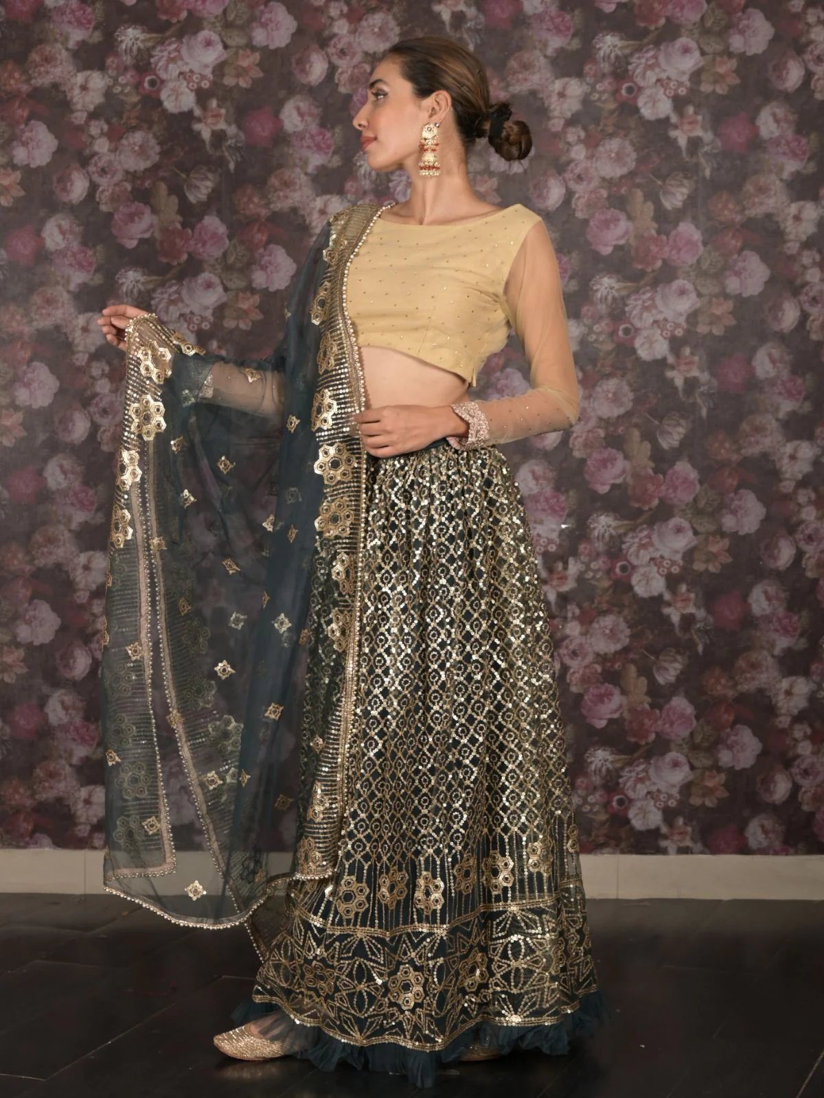 Odette Dark Green Semi Stitched Sequins Embroidered Net Lehenga with Unstitched Blouse And Dupatta For Women - Image 3