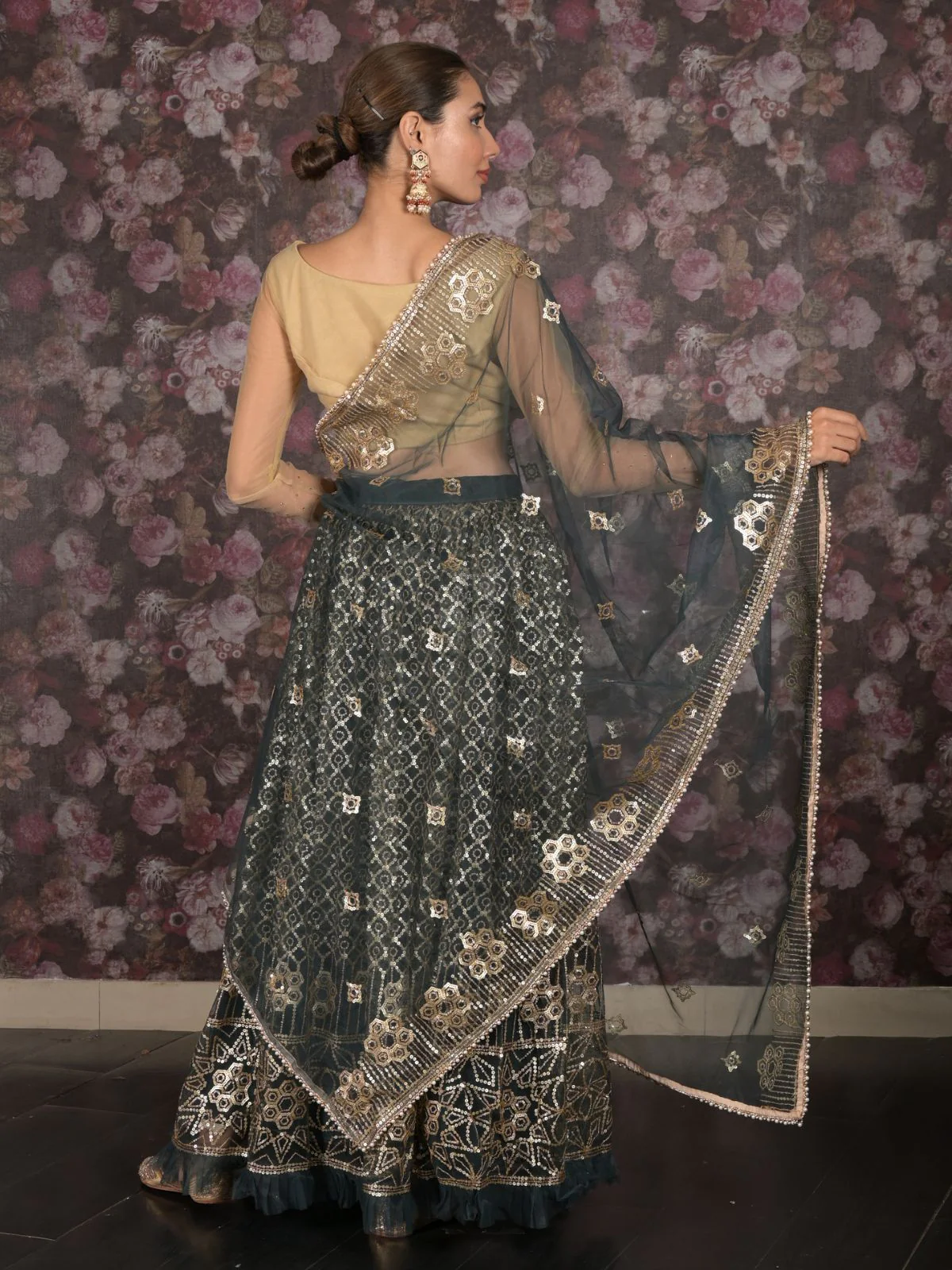 Odette Dark Green Semi Stitched Sequins Embroidered Net Lehenga with Unstitched Blouse And Dupatta For Women - Image 4