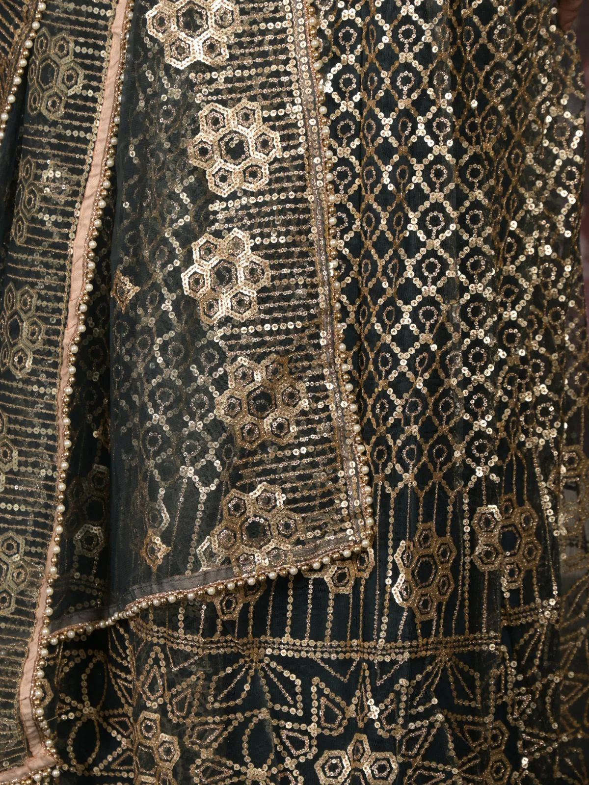 Odette Dark Green Semi Stitched Sequins Embroidered Net Lehenga with Unstitched Blouse And Dupatta For Women - Image 5