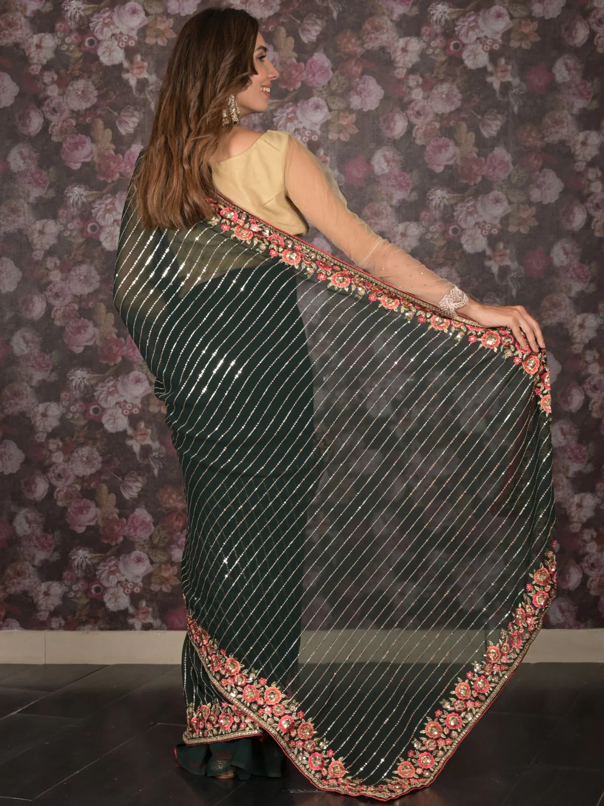 Odette Dark Green Sequins Embroidered Georgette Saree with Unstitched Blouse - Image 4
