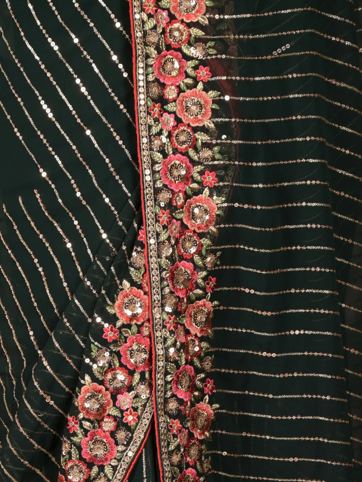Odette Dark Green Sequins Embroidered Georgette Saree with Unstitched Blouse - Image 5