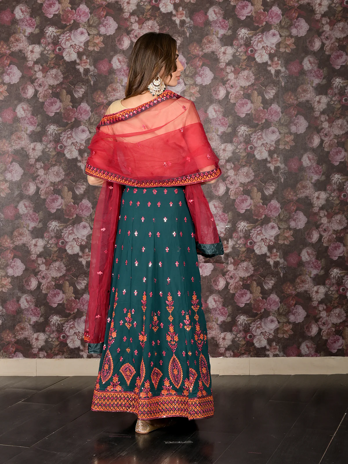 Odette Dark Green Sequins Embroidered Georgette Semi-Stitched Lehenga with Unstitched Blouse for Women - Image 4