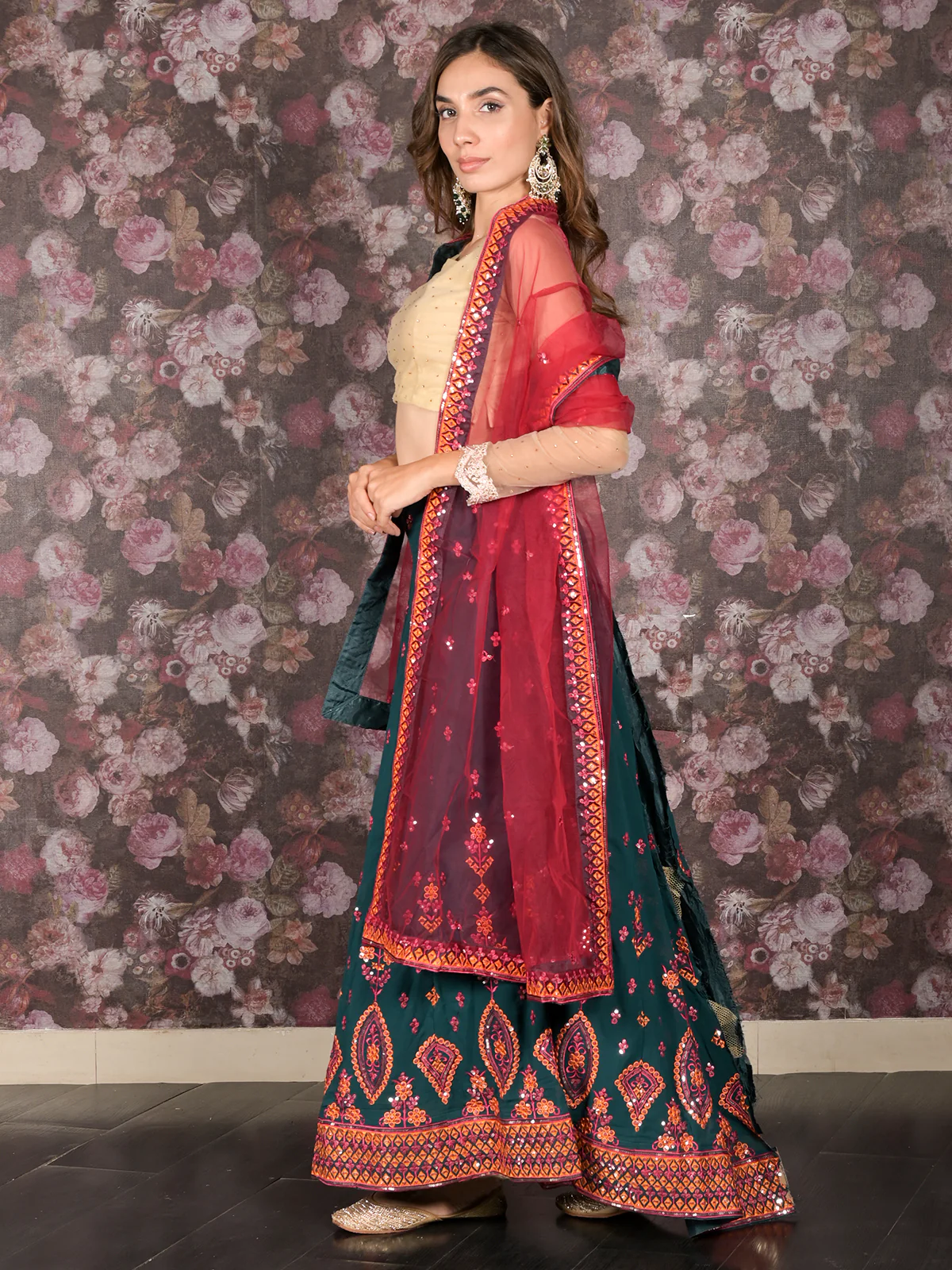 Odette Dark Green Sequins Embroidered Georgette Semi-Stitched Lehenga with Unstitched Blouse for Women - Image 5