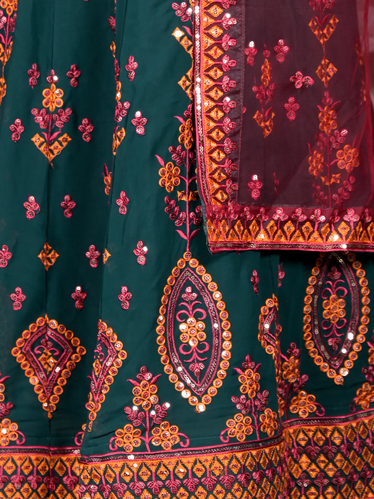 Odette Dark Green Sequins Embroidered Georgette Semi-Stitched Lehenga with Unstitched Blouse for Women - Image 6