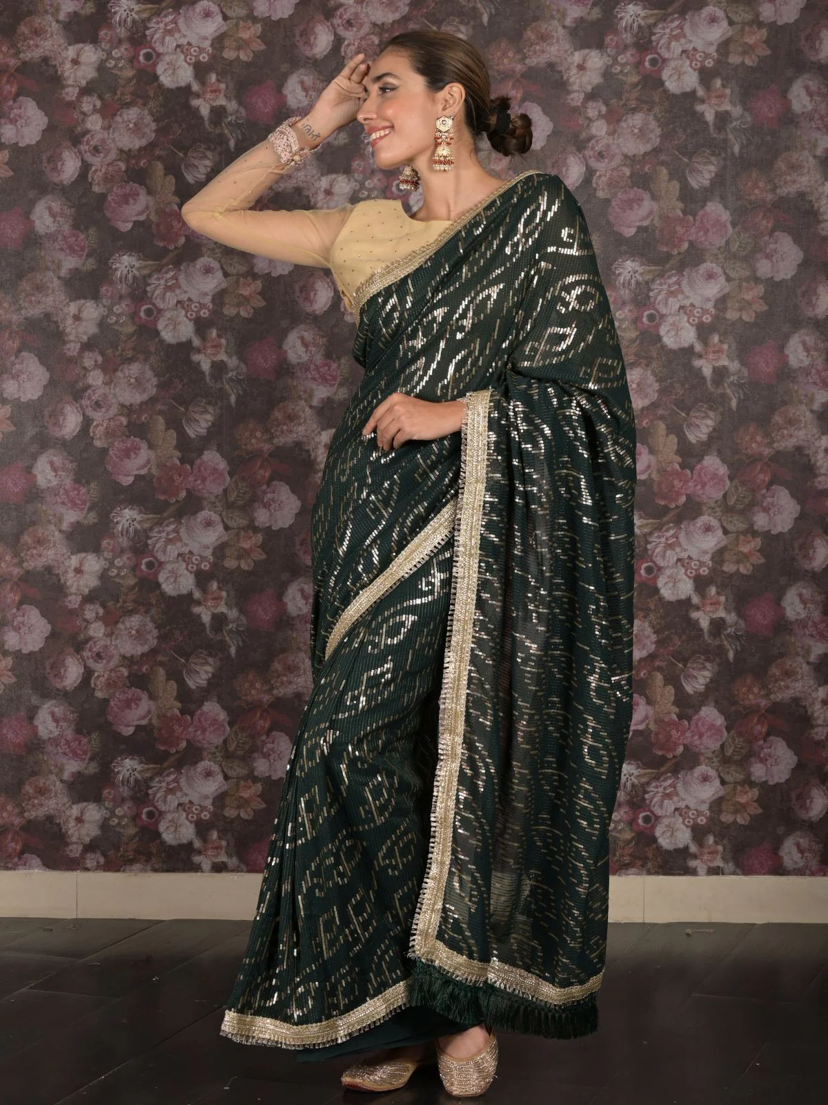 Odette Dark Green Sequins Embroidered Gota Lace Georgette Saree with Unstitched Blouse for Women - Image 2