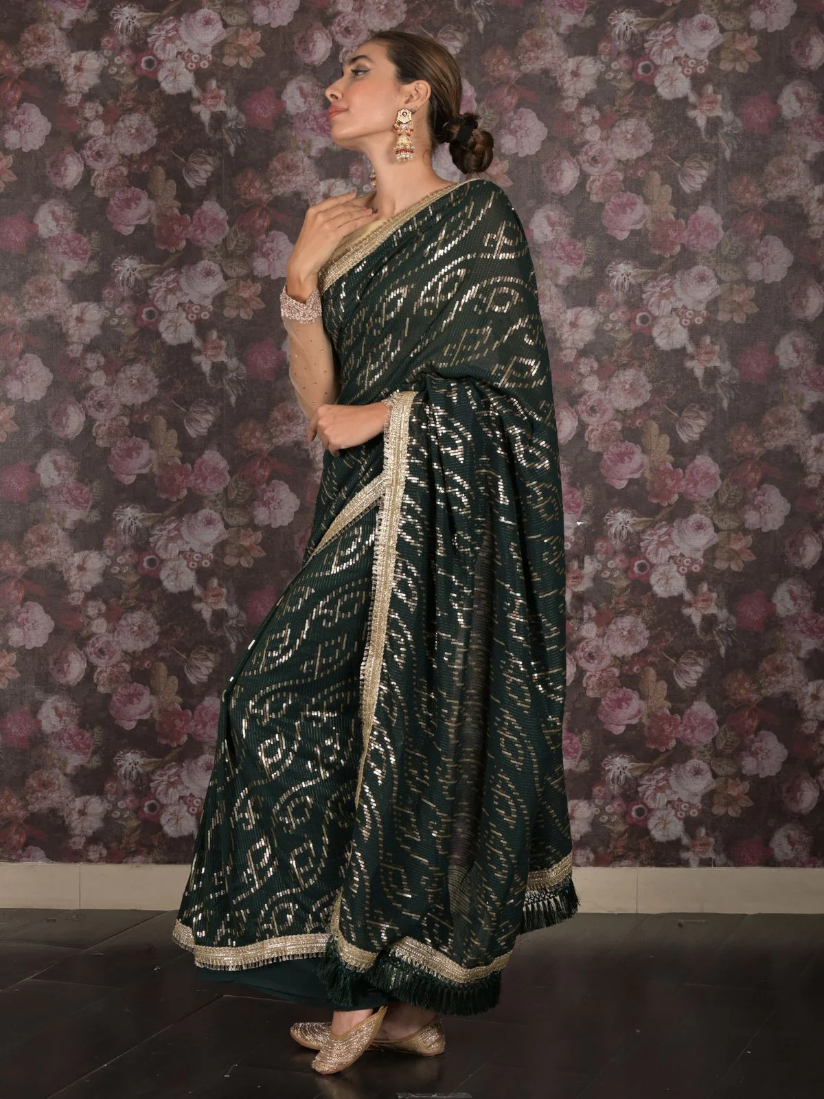 Odette Dark Green Sequins Embroidered Gota Lace Georgette Saree with Unstitched Blouse for Women - Image 3