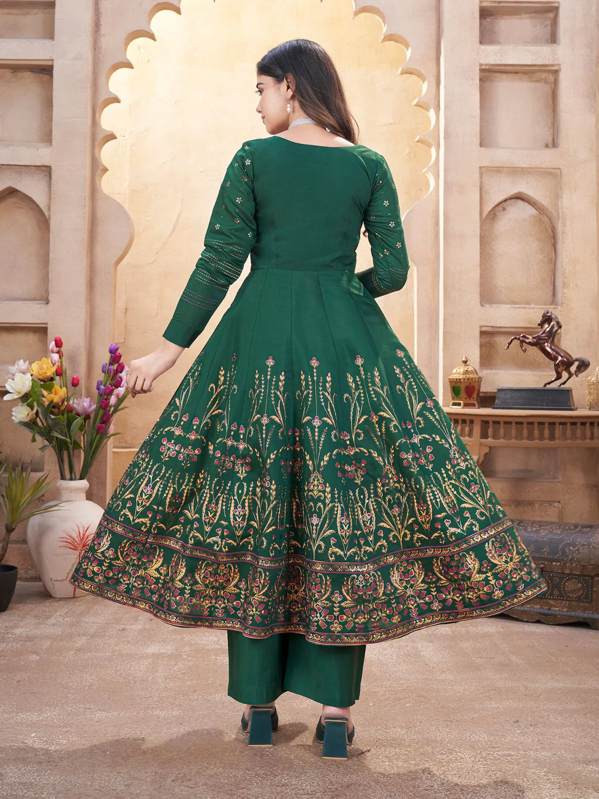 Odette Dark Green Silk Blend Printed Stitched Kurta Set For Women - Image 3