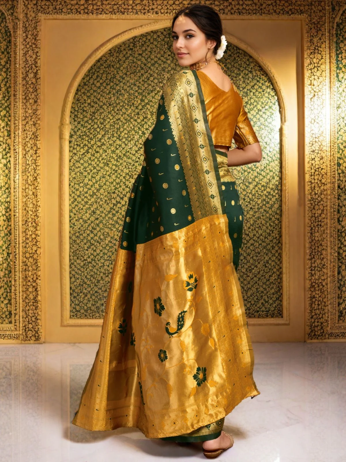Odette Dark Green Silk Blend Woven Pithani Saree For Women - Image 3