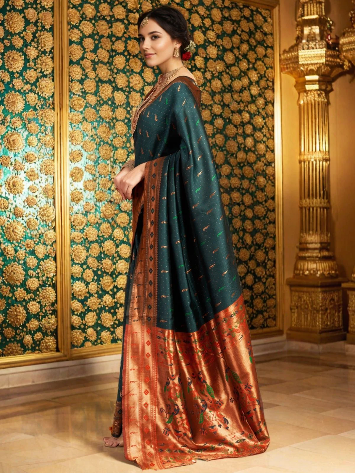 Odette Dark Green Silk Woven Saree For Women - Image 2