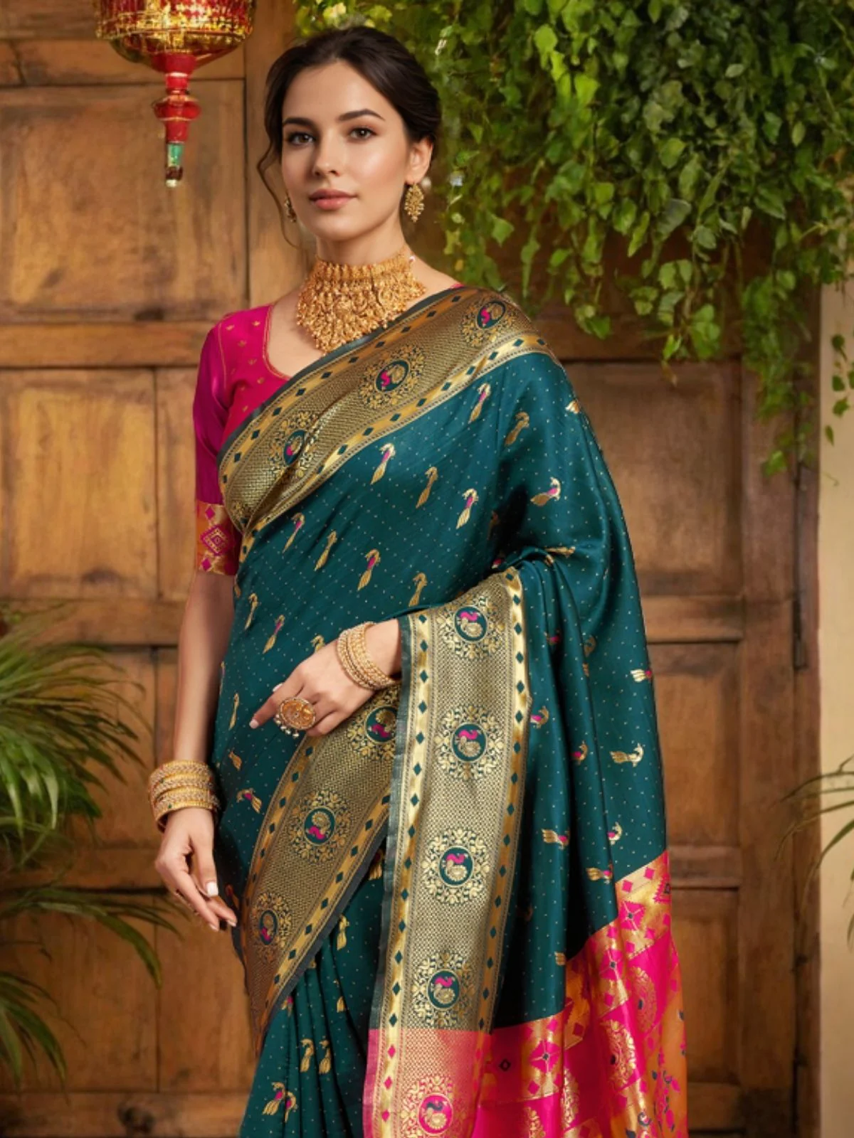 Odette Dark Green Silk Woven Saree For Women - Image 4