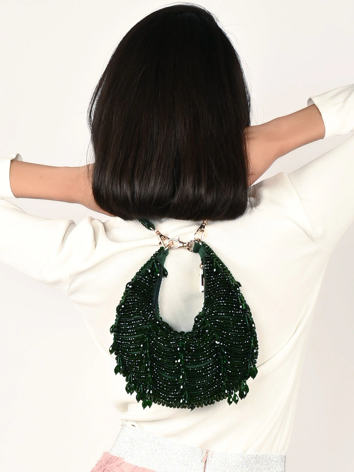 Odette Dark Green Suede Embellished Clutch For Women - Image 2