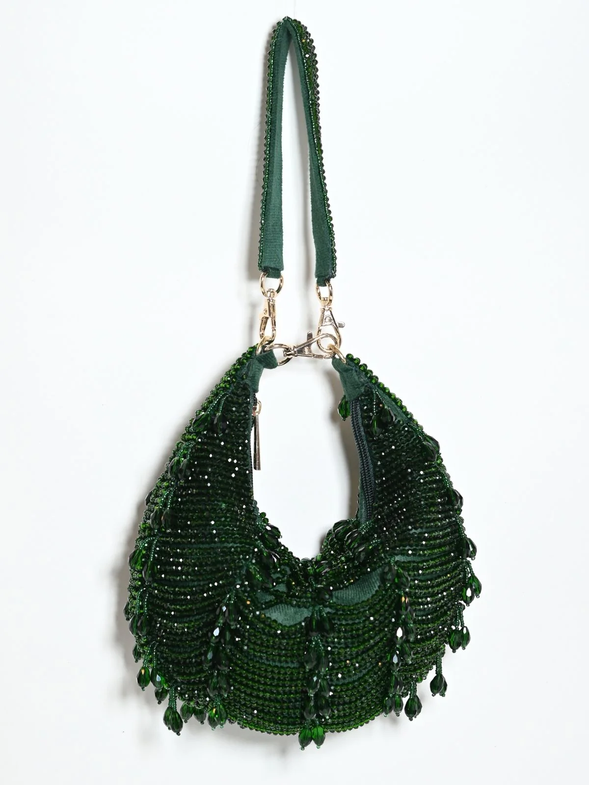 Odette Dark Green Suede Embellished Clutch For Women - Image 4