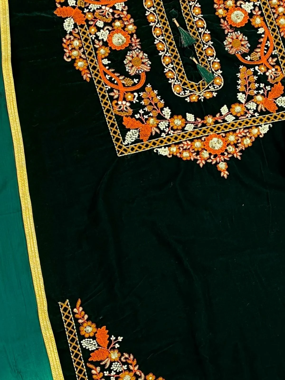 Odette Dark Green Velvet Embroidered Semi-Sitched Kurta Set For Women - Image 3