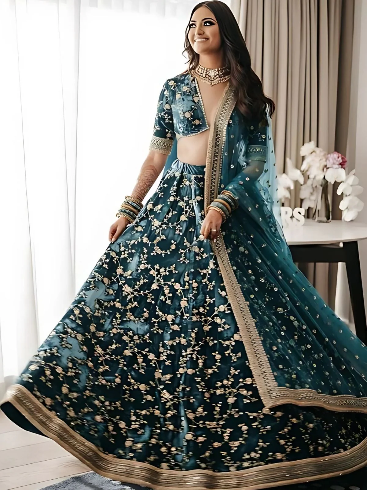 Odette Dark Green Velvet Embroidered Semi-Stitched lehenga For Women - Image 2