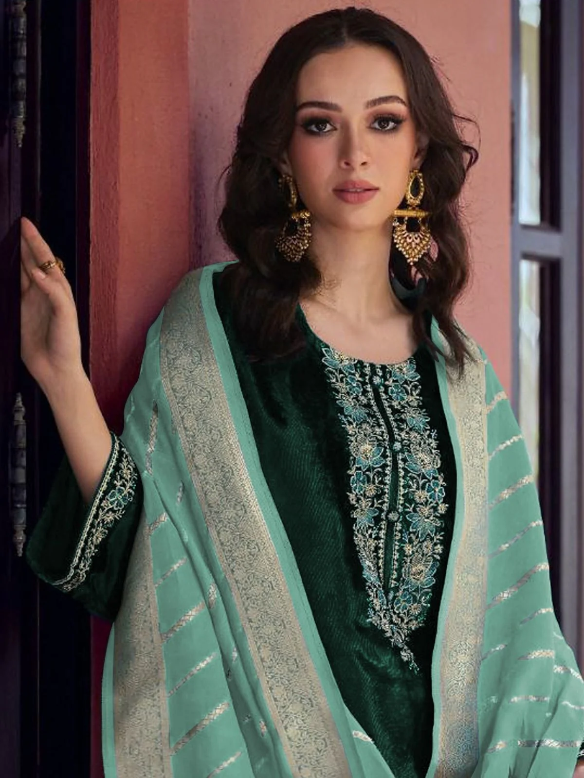 Odette Dark Green Velvet Embroidery Semi-Stitched Kurta Set For Women - Image 2