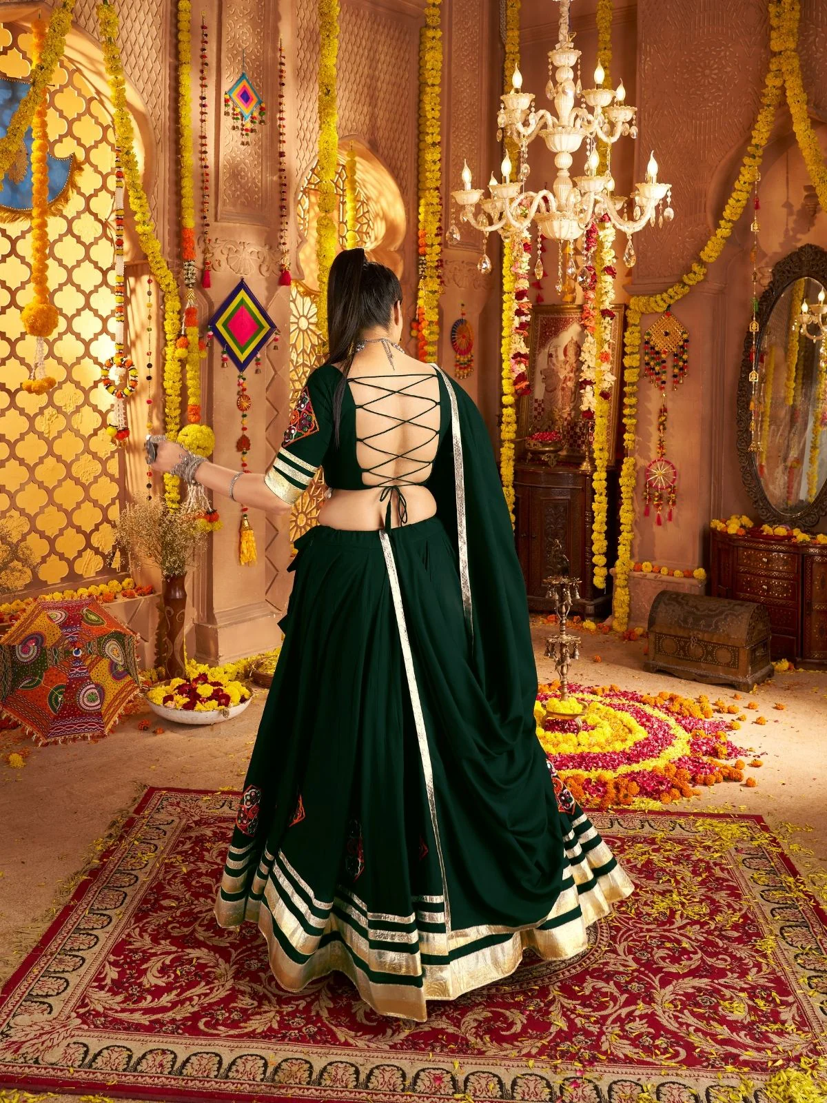 Odette Dark Green Viscose Rayon Rabari Work Semi-Stitched lehenga With Stunning Tassels For Women - Image 4