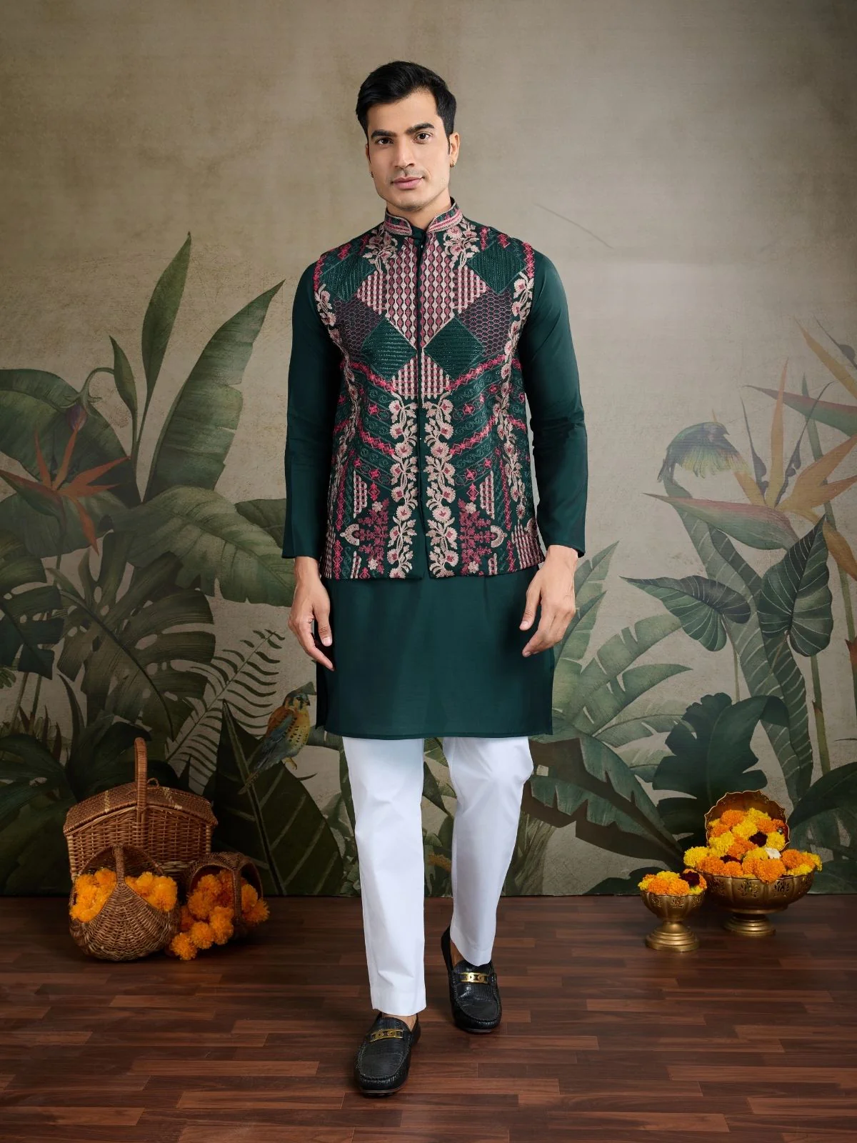 Odette Dark Green Viscose Silk Embroidered Stitched Kurta For Men - Image 2
