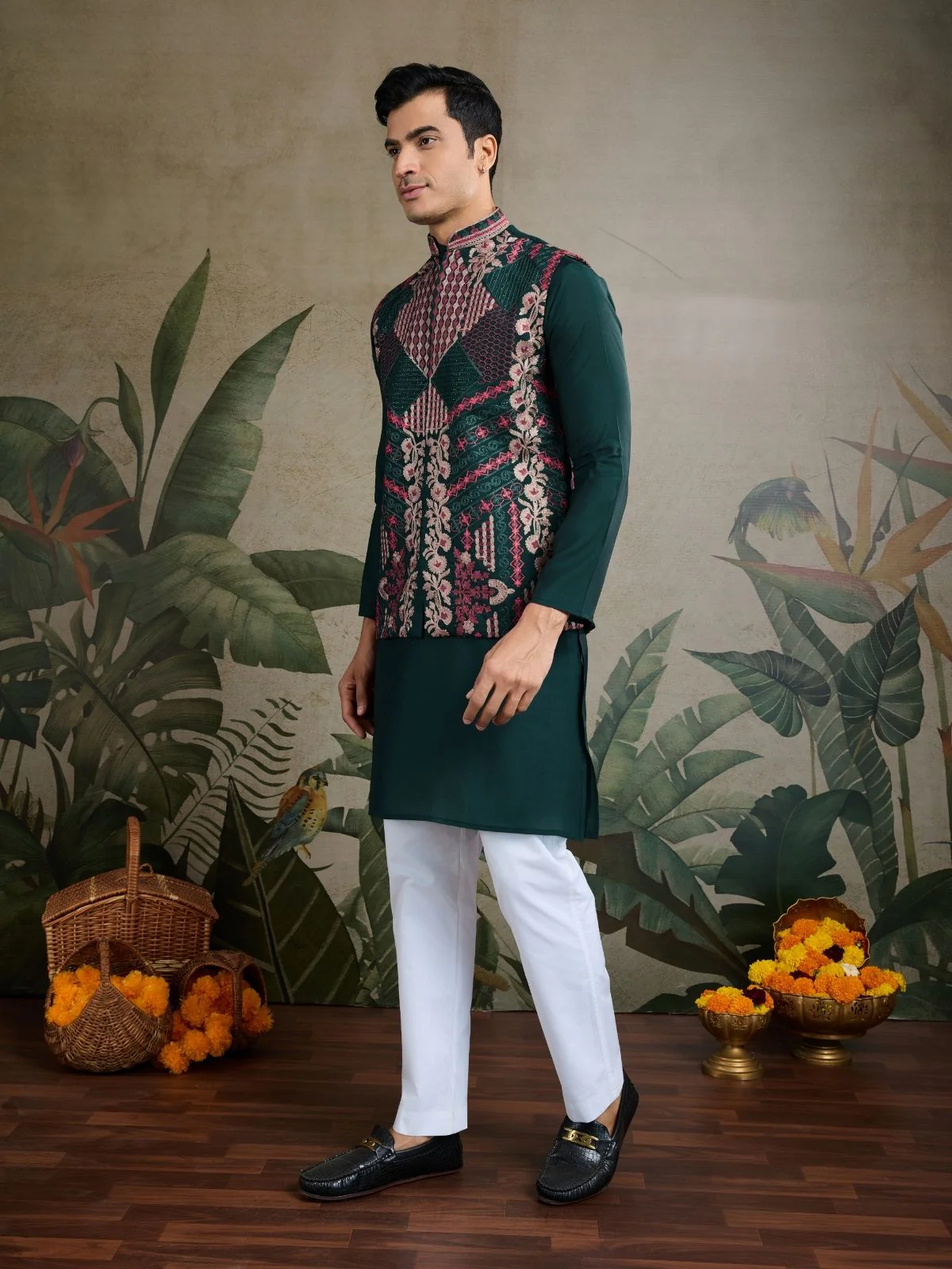 Odette Dark Green Viscose Silk Embroidered Stitched Kurta For Men - Image 3