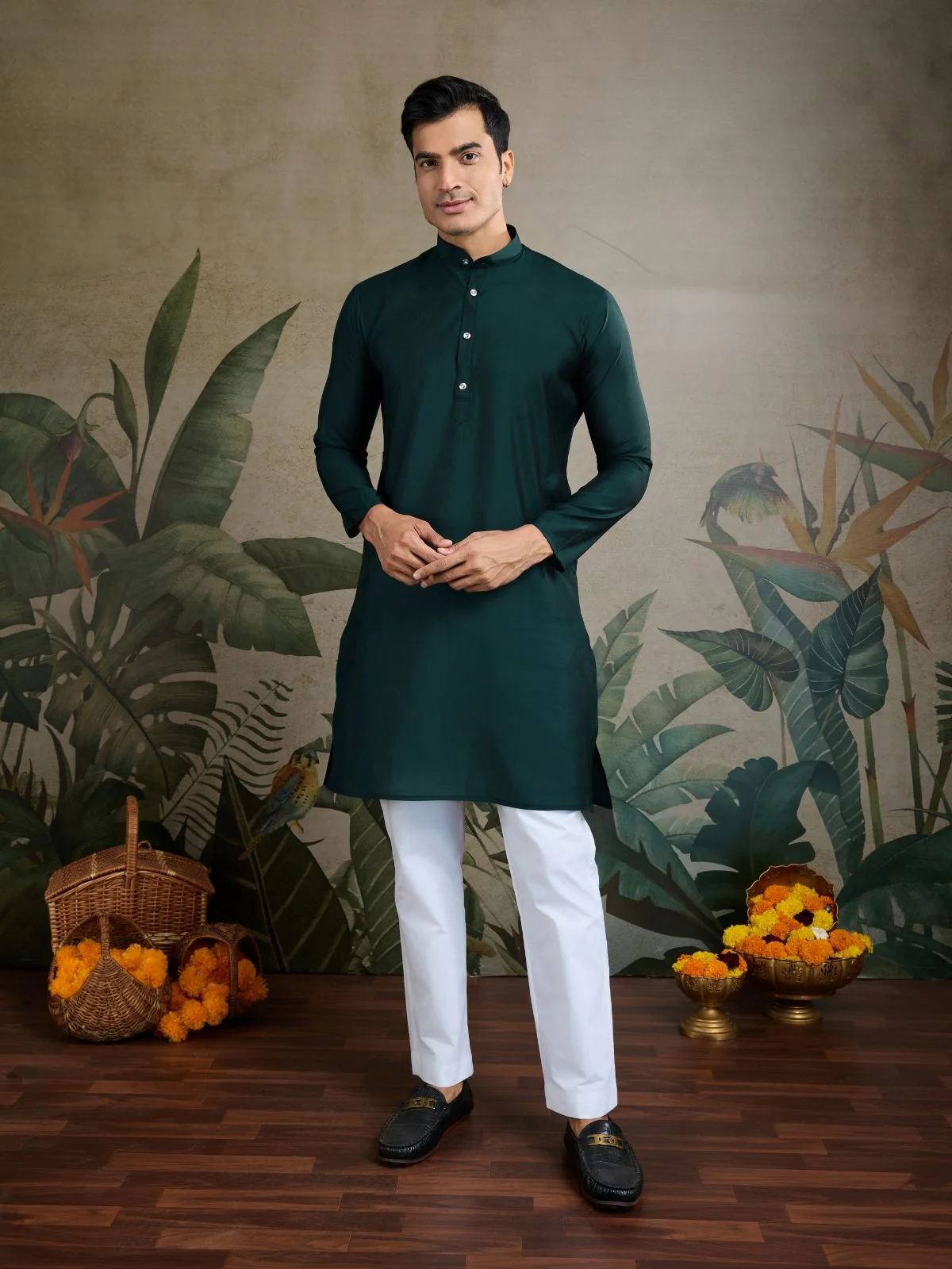 Odette Dark Green Viscose Silk Embroidered Stitched Kurta For Men - Image 4