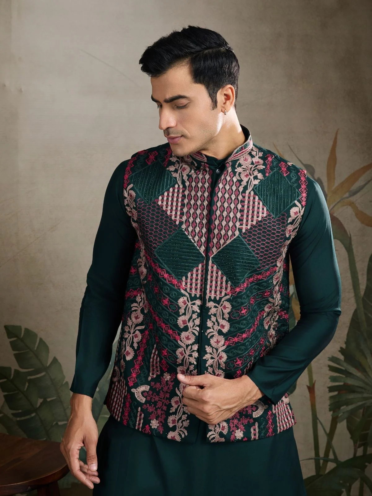 Odette Dark Green Viscose Silk Embroidered Stitched Kurta For Men - Image 5