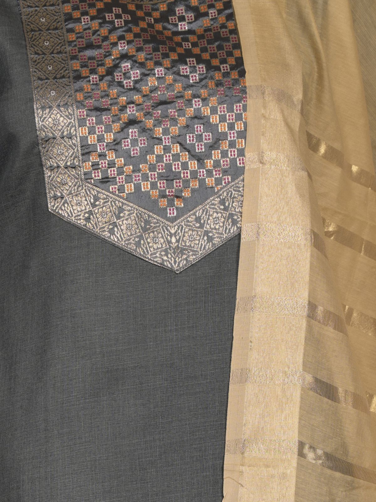 Odette Dark Grey Cotton Blend Woven Stitched Kurta Set for Women - Image 5