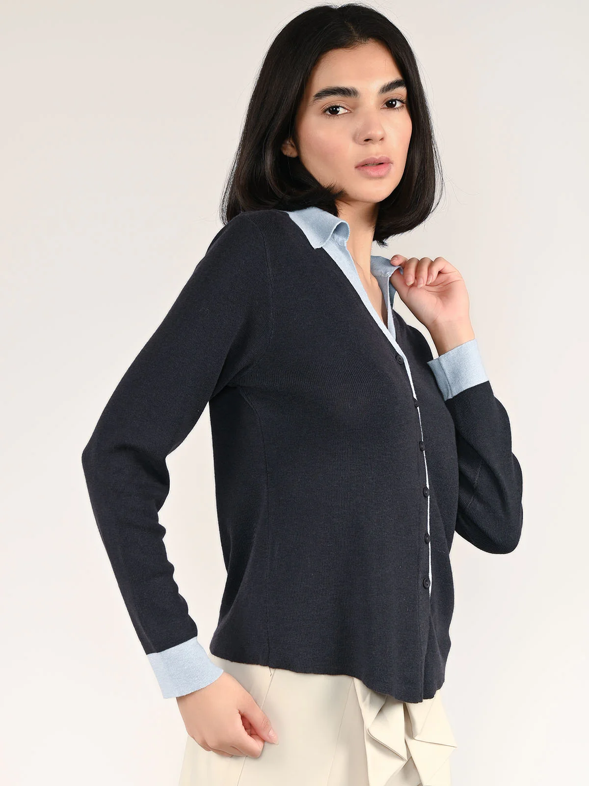 Odette Dark grey Cotton Rib Solid Top For Women - Image 2