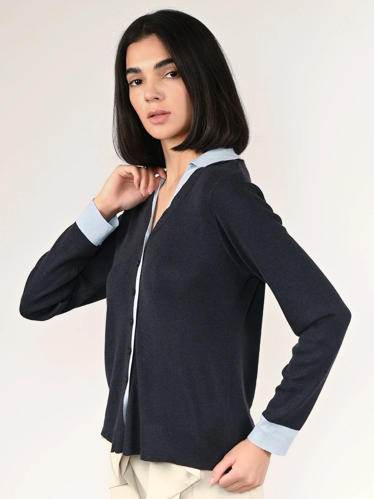 Odette Dark grey Cotton Rib Solid Top For Women - Image 3