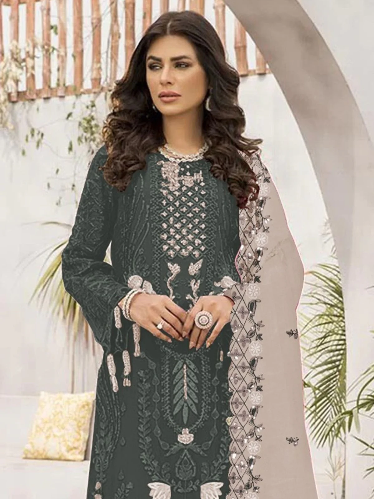 Odette Dark Grey Georgette Embroidered Semi-Stitched Kurta Set For Women - Image 2