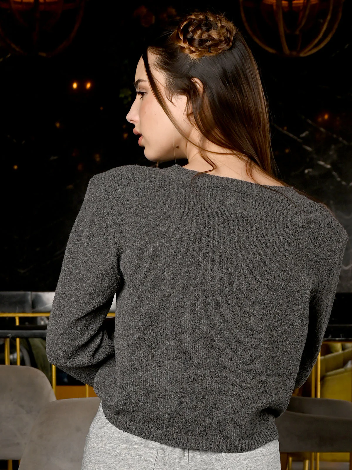 Odette Dark Grey Jersey Knit Top For Women - Image 3