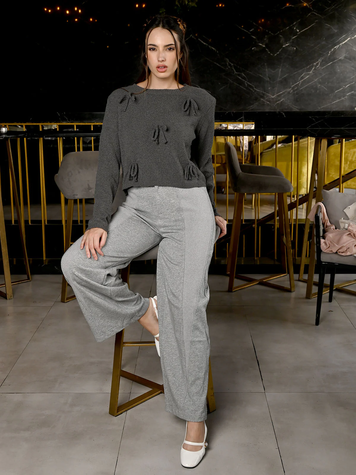Odette Dark Grey Jersey Knit Top For Women - Image 5