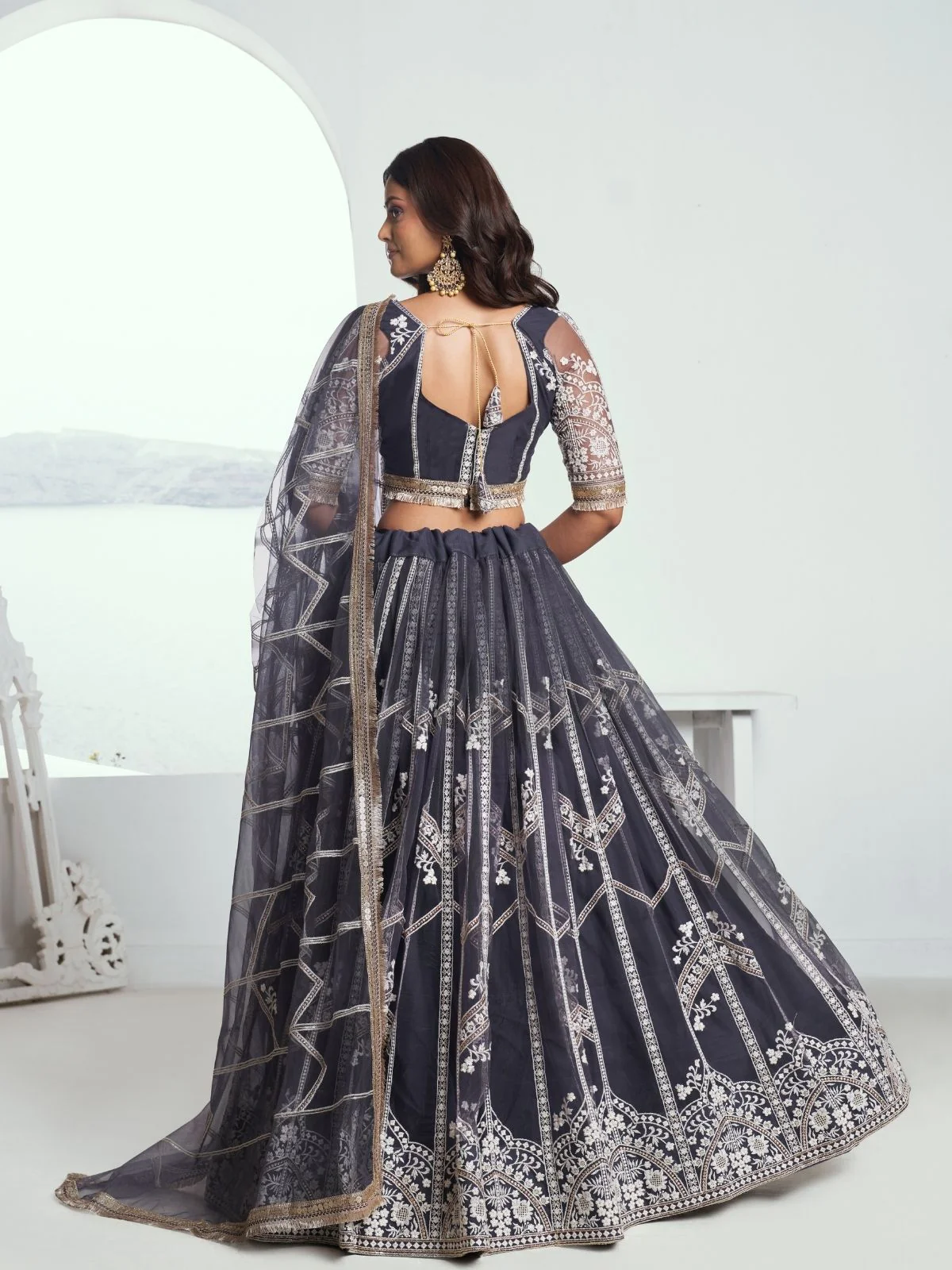 Odette Dark Grey Net Embroidered Semi Stitched Lehenga For Women - Image 3