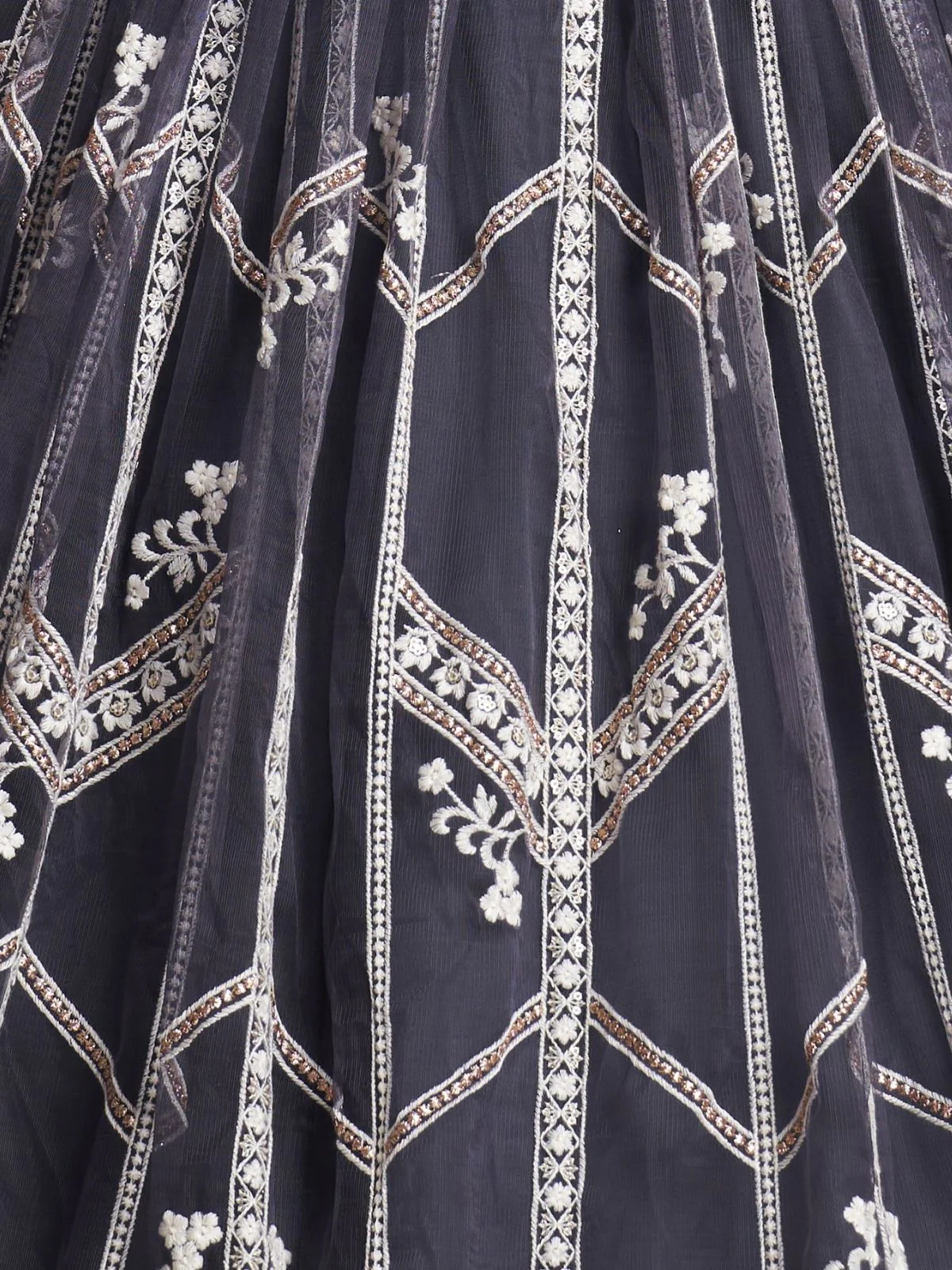 Odette Dark Grey Net Embroidered Semi Stitched Lehenga For Women - Image 4
