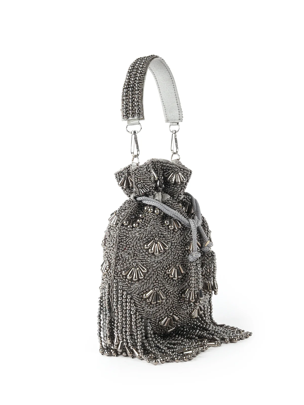 Odette Dark Grey Pearl Embroidered Potli Bag For Women - Image 4