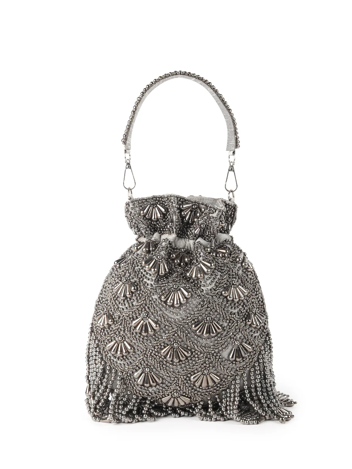 Odette Dark Grey Pearl Embroidered Potli Bag For Women - Image 5