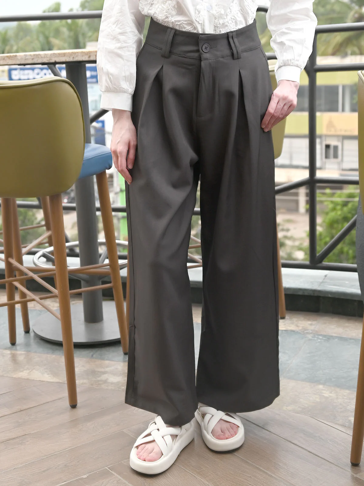 Odette Dark Grey Polyester Twills Solid Trouser For Women - Image 2