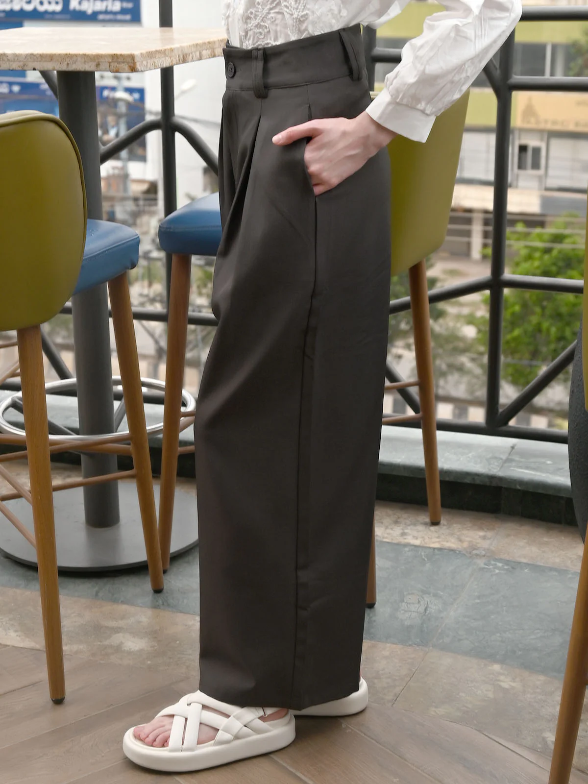 Odette Dark Grey Polyester Twills Solid Trouser For Women - Image 3