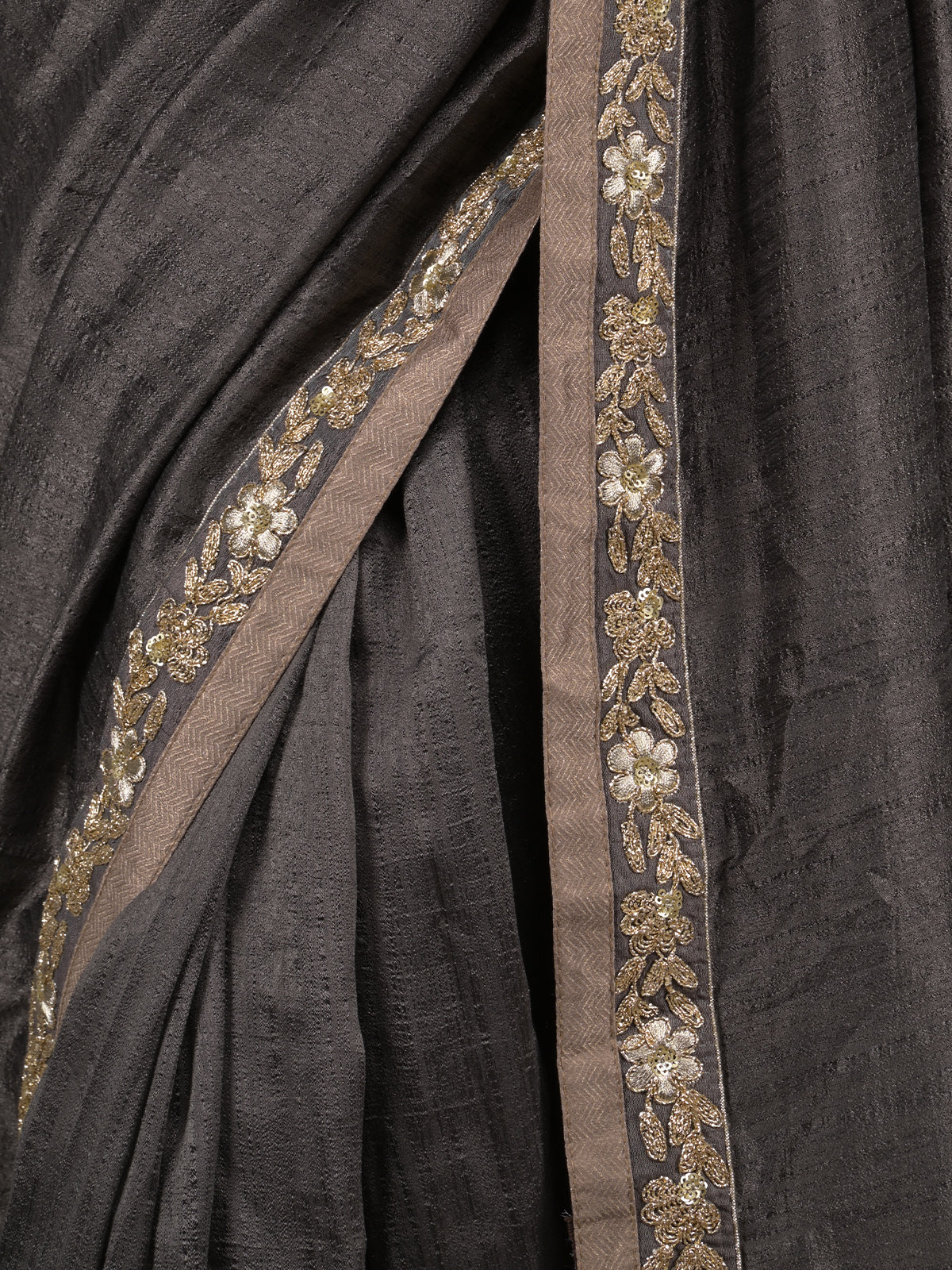 Odette Dark Grey Silk Blend Embroidered Saree With Unstitched Blouse For Women - Image 5