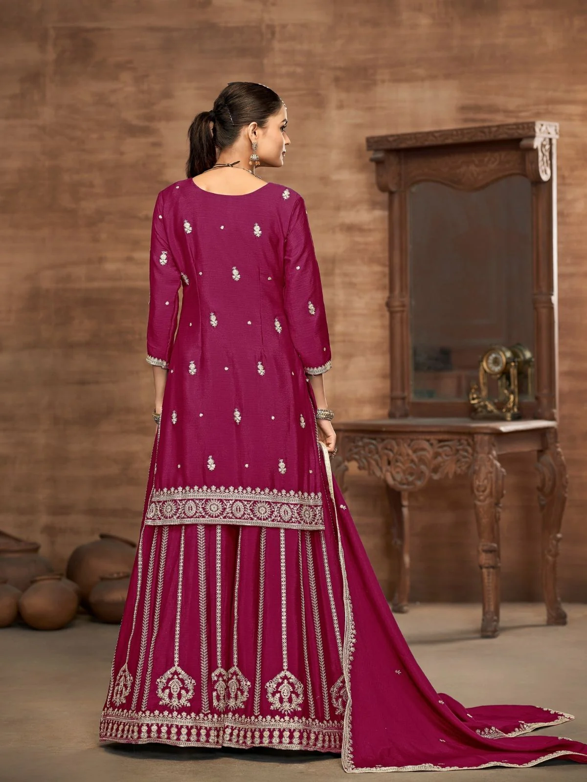 Odette Dark Magenta Chinon Embroidered Semi-Stiched Kurta Set For Women - Image 3
