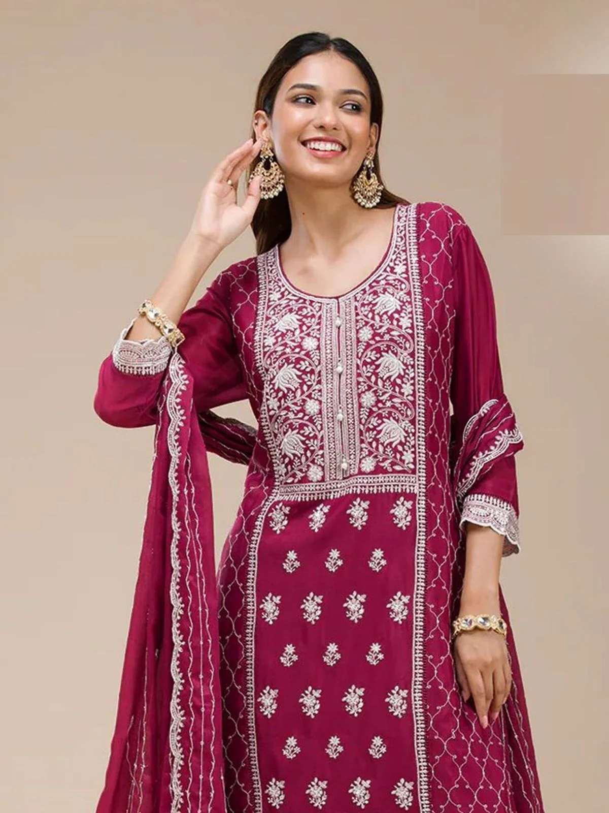 Odette Dark Magenta Georgette Embroidered Semi Stitched Kurta Set For Women - Image 2
