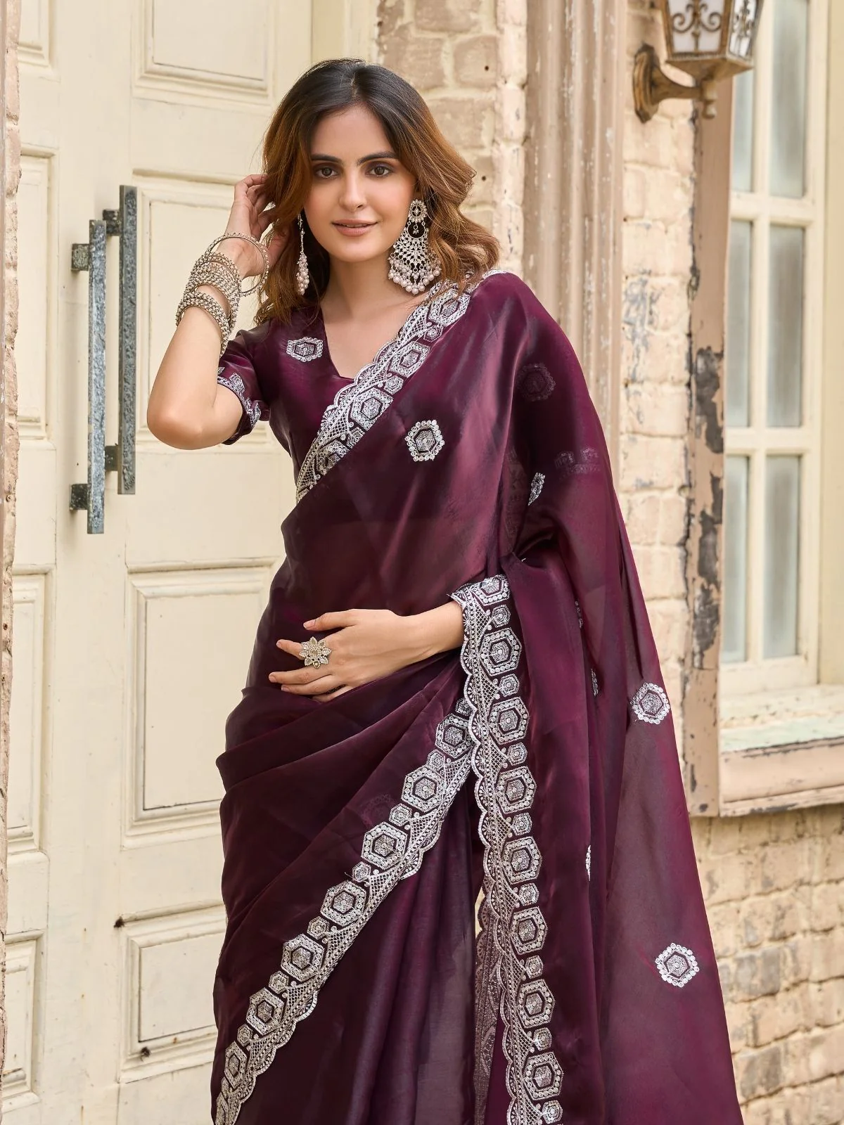 Odette Dark Maroon Chiffon Embellished Saree For Women - Image 5
