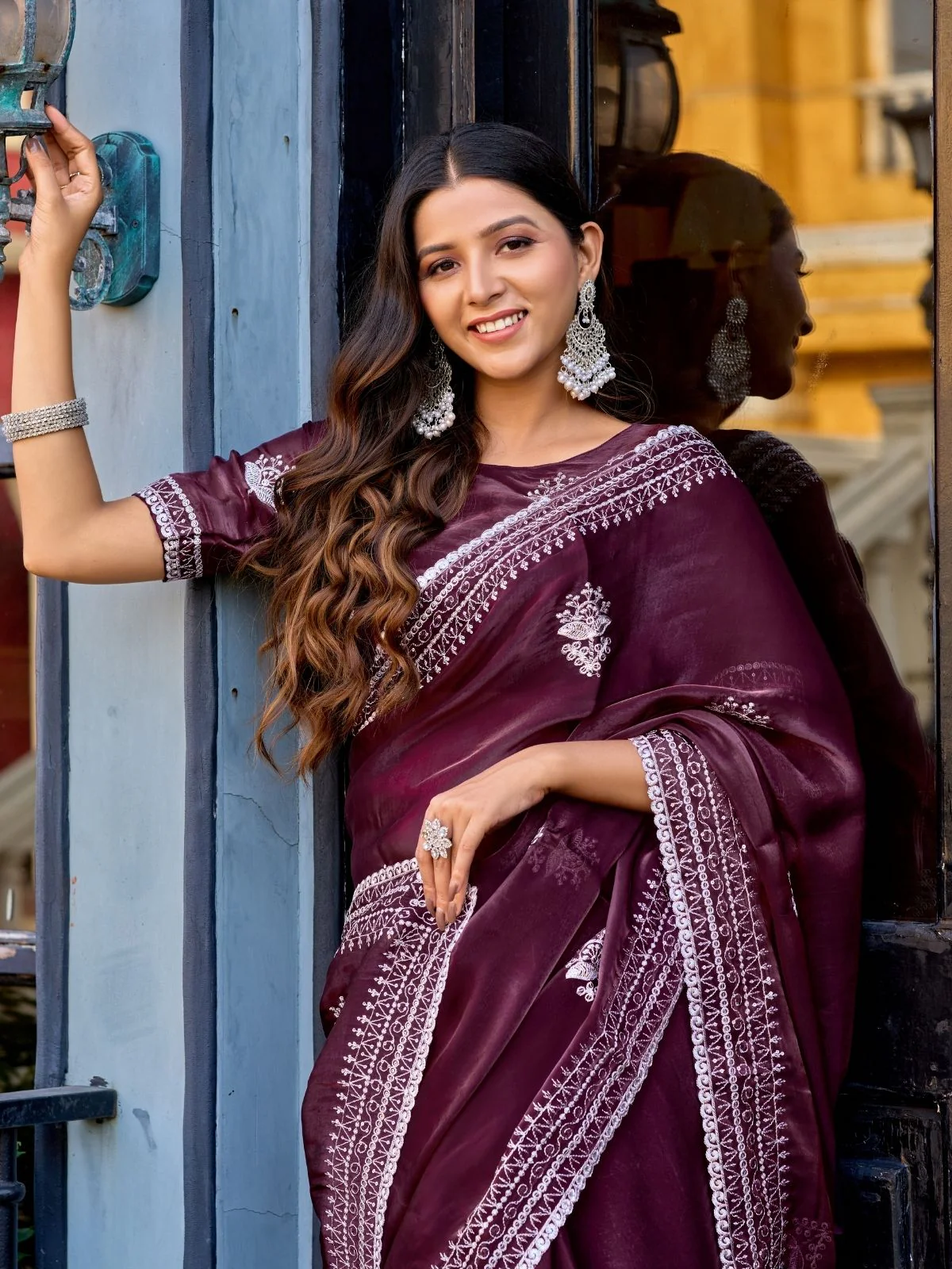 Odette Dark Maroon Chiffon Embroidered Saree For Women - Image 5