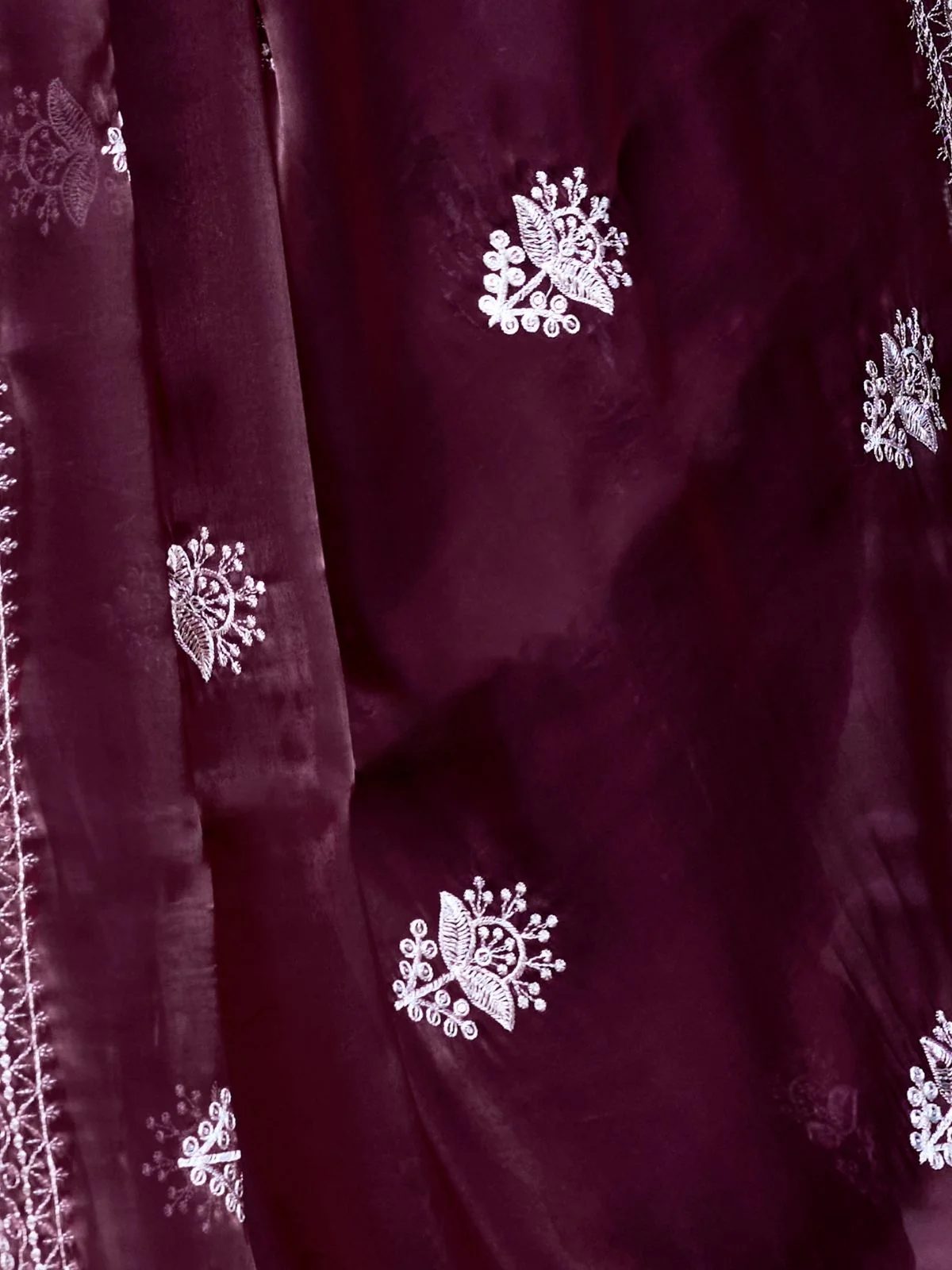 Odette Dark Maroon Chiffon Embroidered Saree For Women - Image 6