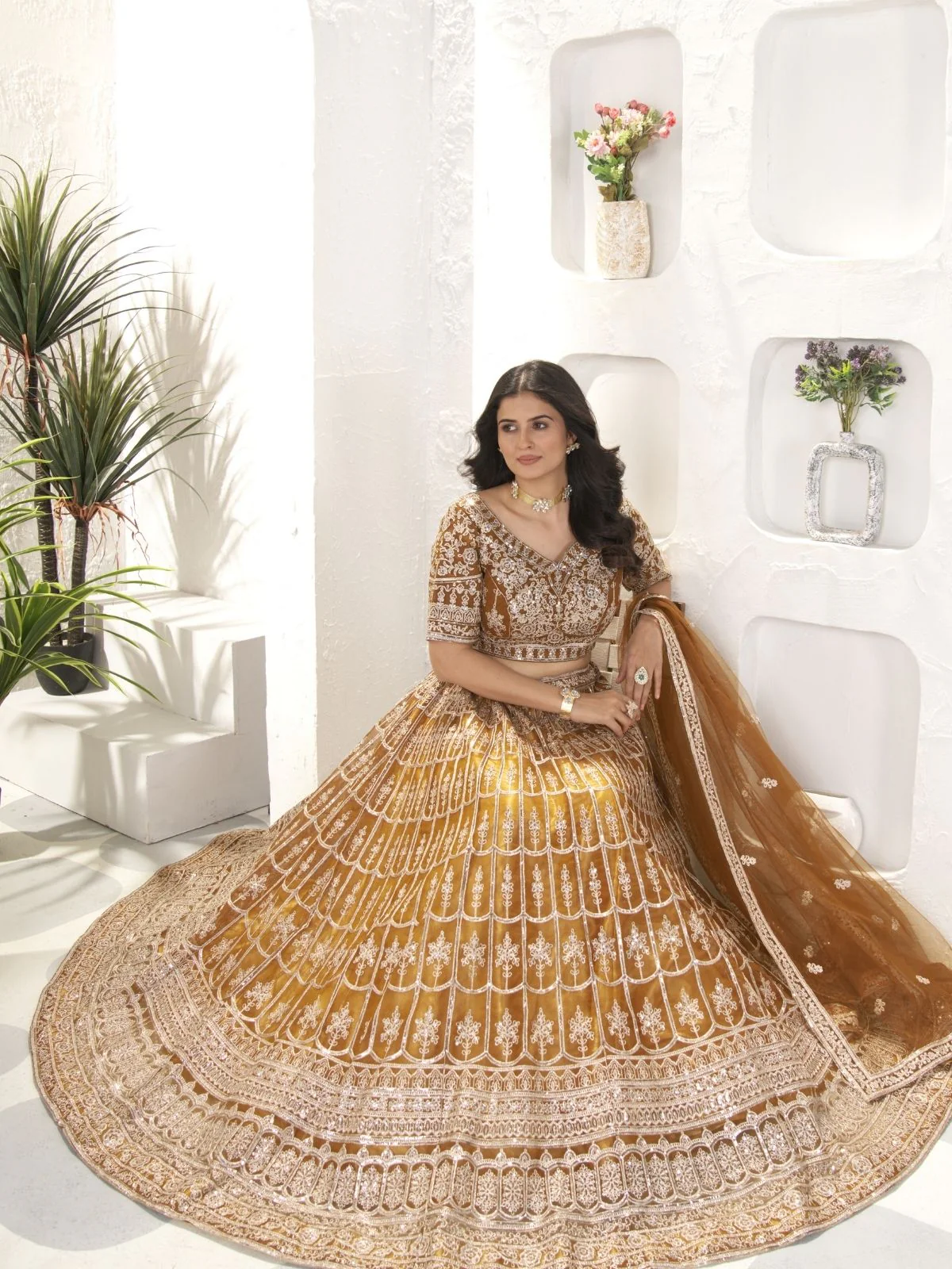 Odette Dark Mustard Net Embroidered Semi-Stitched lehenga For Women - Image 2