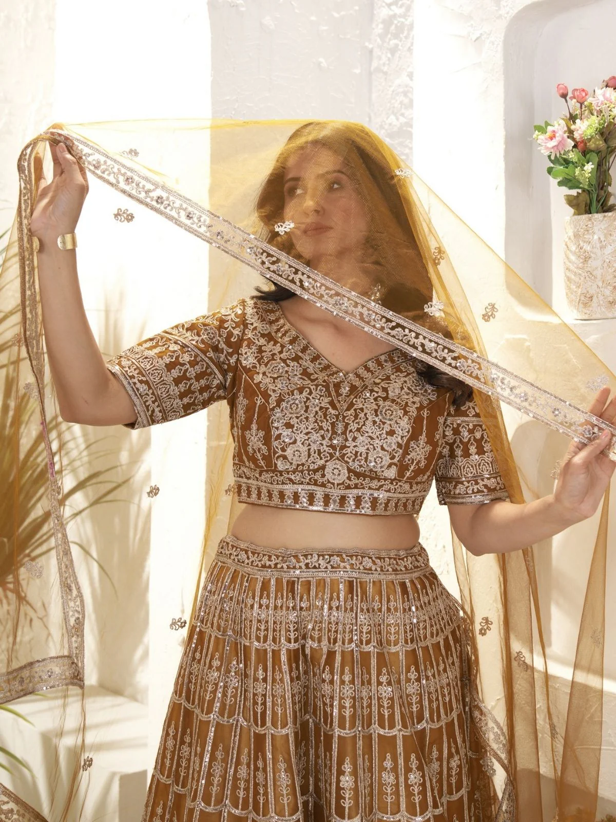 Odette Dark Mustard Net Embroidered Semi-Stitched lehenga For Women - Image 3