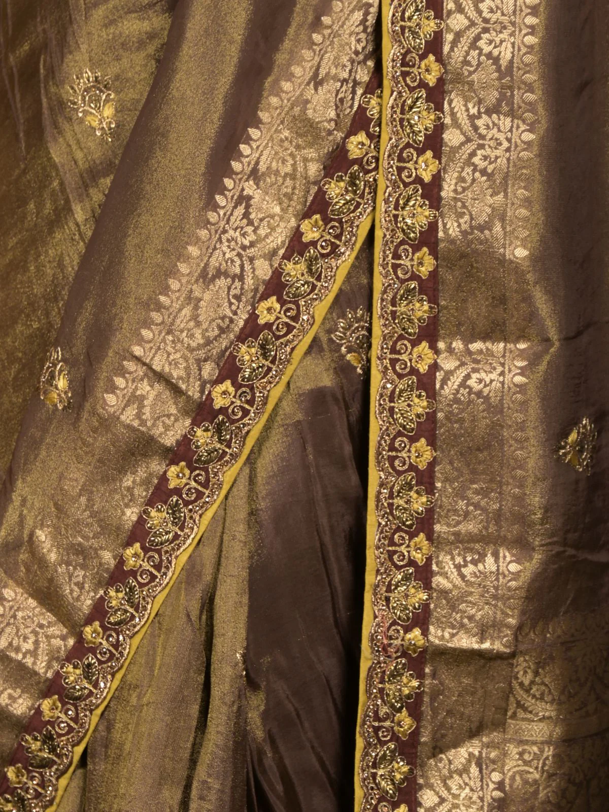 Odette Dark Olive Embroidered Silk Blend Saree with Unstitched Blouse for Women - Image 5