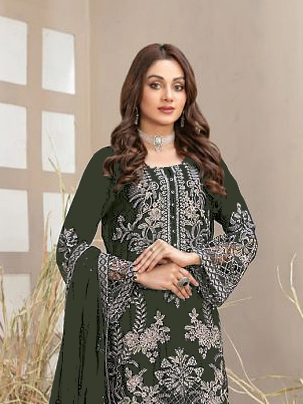 Odette Dark Olive Georgette Embroidered Semi-Sitched Kurta Set For Women - Image 2