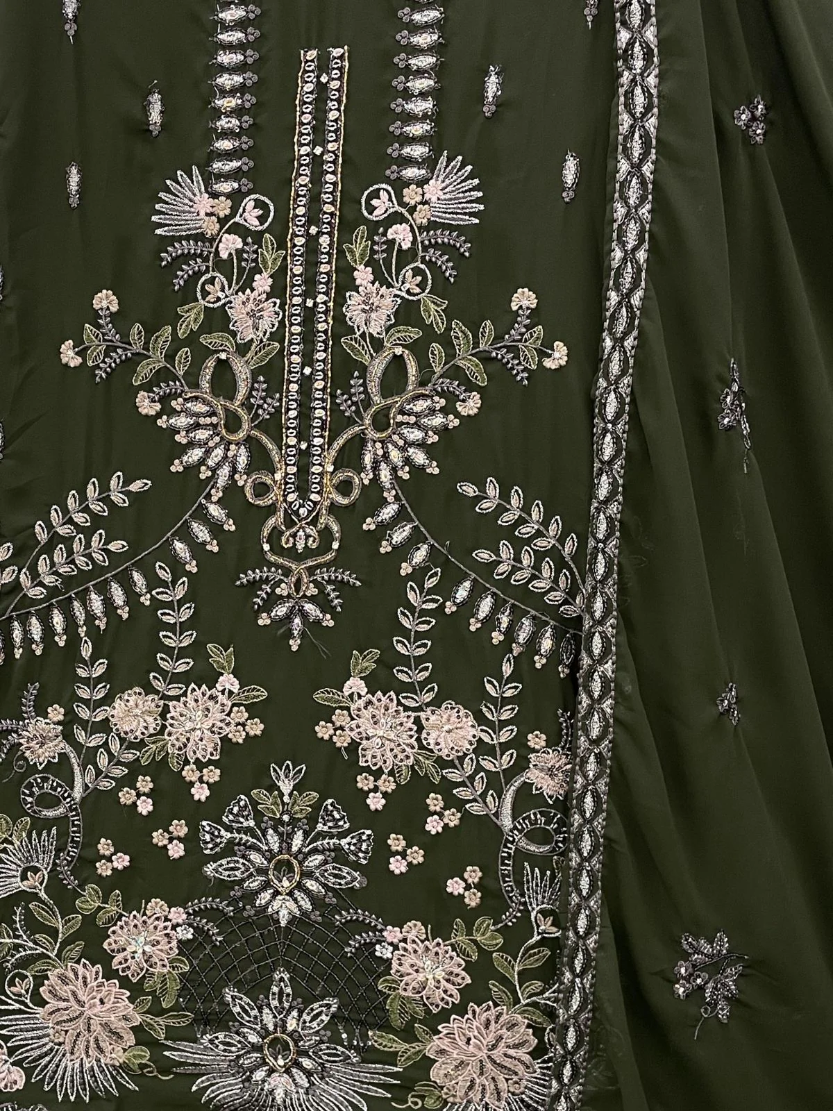 Odette Dark Olive Georgette Embroidered Semi-Sitched Kurta Set For Women - Image 3